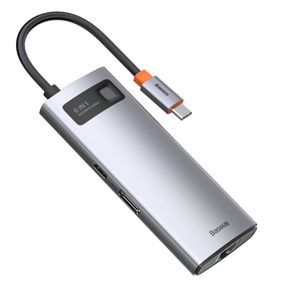 Adaptador Baseus Metal Gleam Series USB-C 6-em-1 (HDMI + USB-A 3.2 + USB-C 100W + RJ45) Cinza 1